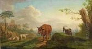 Paar Sudliche Landschaften Mit Ruhenden Herden Im Abendlicht Paar Sudliche Landschaften Mit Ruhenden Herden Im Abendlicht
