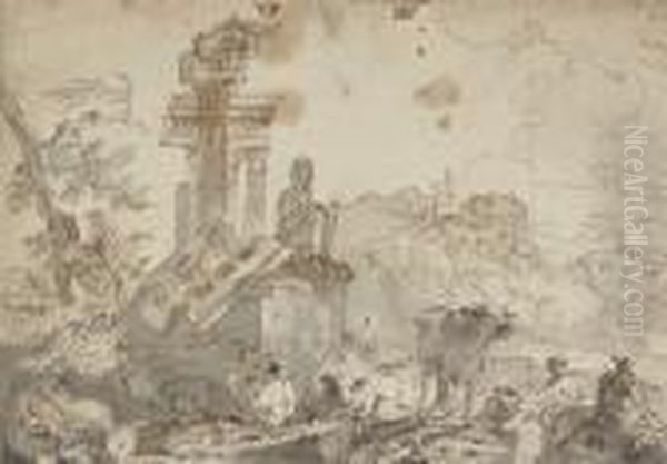 An Italianate Landscape With Classical Ruins, Sheep, Cows Andshepherds In The Foreground - view 1