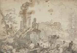 An Italianate Landscape With Classical Ruins, Sheep, Cows Andshepherds In The Foreground by Johan Heinrich Roos