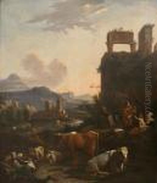 Italianate Pastoral Landscape At Sunset With A Peasant Family Oil On Canvas 112 X 95cm - view 1