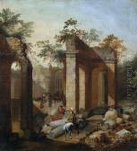 Un Cavaliere E Due Figure In Sosta Tra Rovine - view 1