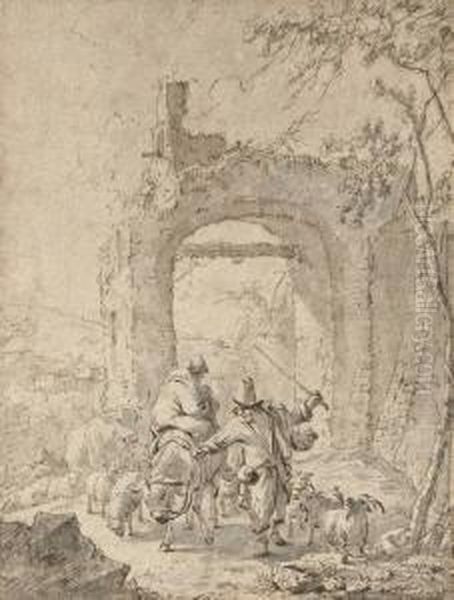 A Peasant Family And Their Animals By Ruins - view 1