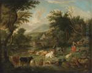Pastoral Landscape With Watering Cattle And A Town In A Distance by Johan Heinrich Roos