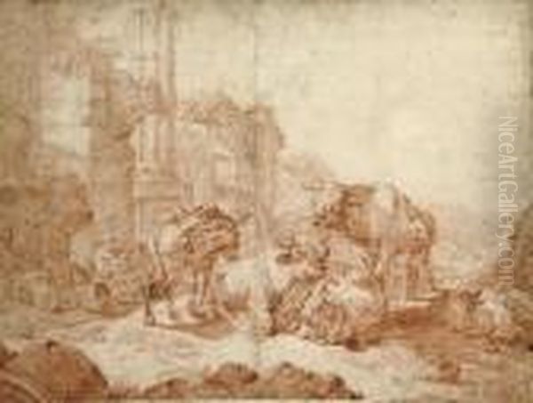 A Peasant Family And Their Animals Resting By Classical Ruins - view 1