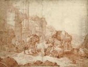 A Peasant Family And Their Animals Resting By Classical Ruins by Johan Heinrich Roos