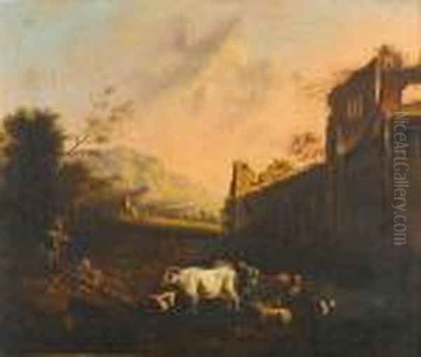Rural Landscape With Shepherd And Animals - view 1