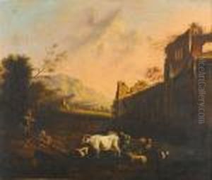 Rural Landscape With Shepherd And Animals by Johan Heinrich Roos