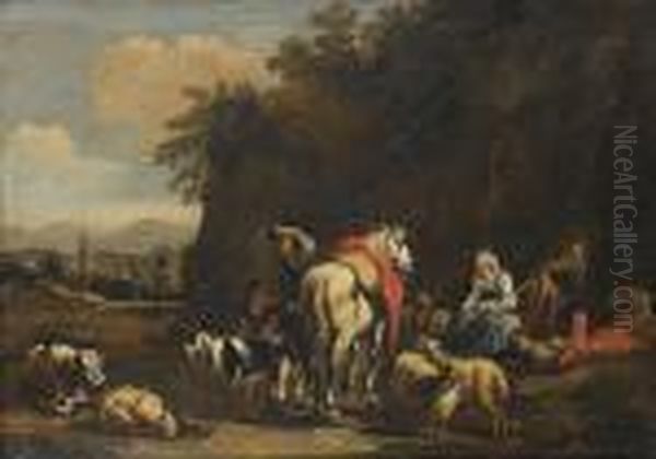 A Drover And Peasants Resting By A Country Path Surrounded By Goats, Sheep And Cattle - view 1