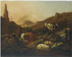 An Italianate Rocky Landscape With A Shepherd And His Herd Resting An Italianate Rocky Landscape With A Shepherd And His Herd Resting