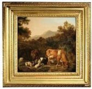 Italian Rocky Landscape With Cattle And Sheep by Johan Heinrich Roos