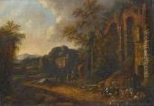 An Italianate Landscape With A Drover And His Herd Resting Beside A Fountain