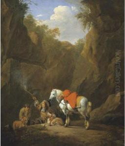 A Huntsman Firing A Pistol In A Rocky Landscape by Johan Heinrich Roos