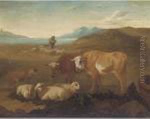 An Italianate Landscape With 
Cattle And Sheep In The Foreground, A Shpeherd And His Flock Beyond by Johan Heinrich Roos