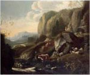 A Rocky Landscape With A
Shepherd Family Resting With Their Flock, Another Shepherd Travelling
Below by Johan Heinrich Roos