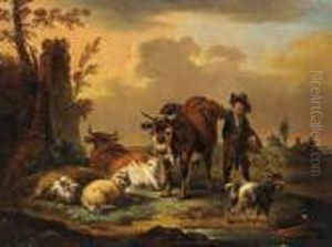 Un Pastore Con Il Suo Gregge In Un Paesaggio Meridionale by Johan Heinrich Roos