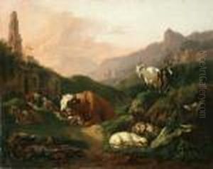 Sudliche Gebirgslandschaft Mit
Lagernder Viehherde Und Schlafendem Hirten. Ol Auf Leinwand (doubliert).
H 33; B 42 Cm. Gutachten E. Bernt ("ein Einwandfreies Und
Charakteristisches Werk Des Deutschen, Von Den Hollandern, Wie Seinem
Lehrer Dujardin by Johan Heinrich Roos