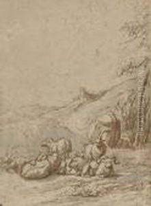 A Group Of Goats Resting In A Landscape by Johan Heinrich Roos