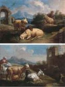 A Shepherdess Resting With Her Flock Near A Ruin In A Mountainouslandscape by Johan Heinrich Roos