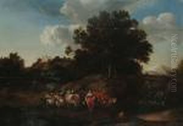 Two Washerwomen At A Stream With A Drover Watering His Cattle - view 1