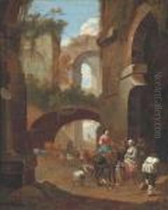 An Architectural Capriccio With Peasants Amongst Ruins by Johan Heinrich Roos