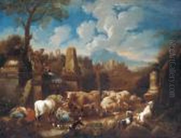 An Italianate Landscape With A Peasant Family Resting With Cattleand Sheep Amongst Ruins - view 1