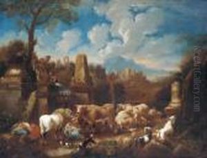 An Italianate Landscape With A Peasant Family Resting With Cattleand Sheep Amongst Ruins by Johan Heinrich Roos
