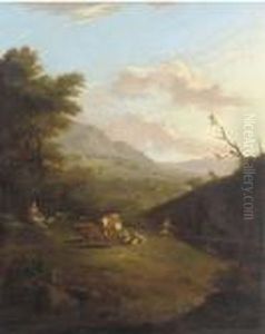 A Mountainous Landscape With Peasants Herding A Cattle And A Village Beyond A Mountainous Landscape With Peasants Herding A Cattle And A Village Beyond