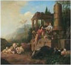 Southern Landscape With A Drover And Shepherdess With Their Flocks Beside A Fountain by Johan Heinrich Roos