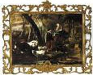 A Landscape With Diary Maids And Their Herd Beside A Watering Hole by Johan Heinrich Roos