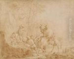 Three Herdsmen In A Landscape Taming A Bull Three Herdsmen In A Landscape Taming A Bull