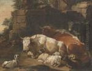 Bulls, Goats, Sheep And A Donkey Before A Ruined Wall, A Landscape Beyond Bulls, Goats, Sheep And A Donkey Before A Ruined Wall, A Landscape Beyond