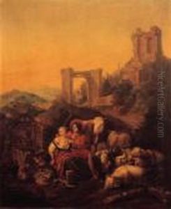 A Shepherd Couple Embracing By A
Fountain, Classical Ruins On Ahilltop Beyond, In An Italianate
Landscape by Johan Heinrich Roos