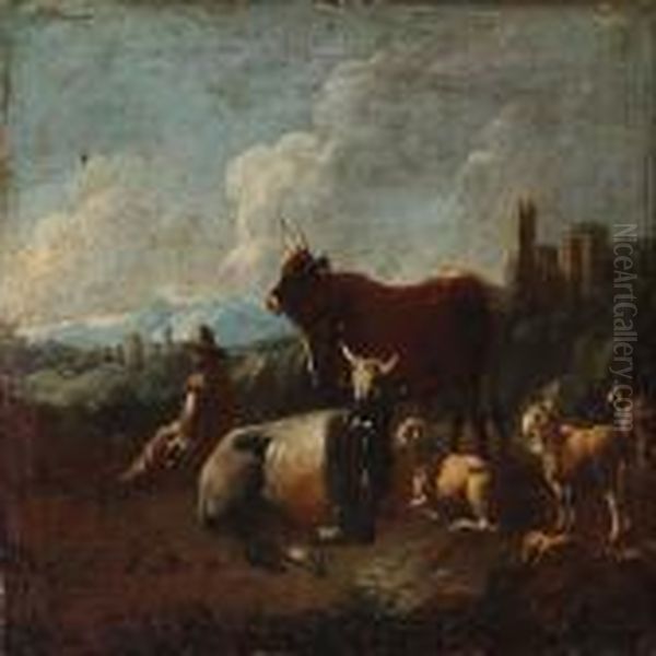 Shepherd With Cattle And Sheep - view 1