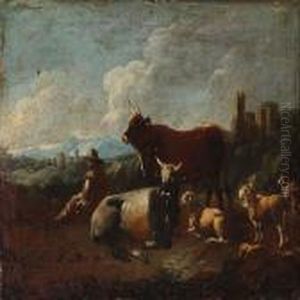 Shepherd With Cattle And Sheep by Philipp Peter Roos
