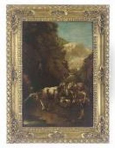 A Mountainous Landscape With A Shepherd Watering His Flock by Philipp Peter Roos