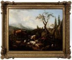 A Herdsman, With Dog, Goats, Sheep And Cow