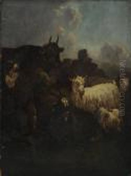 Farmer With Goats, Cattle And Dog - view 1