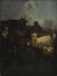 Farmer With Goats, Cattle And Dog by Philipp Peter Roos