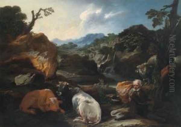 Southern Italian Mountain Landscape With A Herderand Cattle - view 1