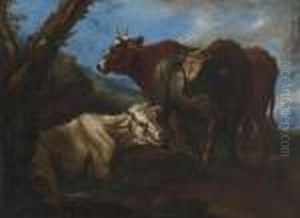 Ruhende Schafe - Rinder In Sudlicher Landschaft. by Philipp Peter Roos