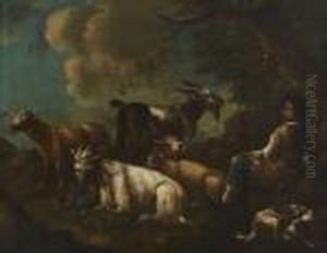 Ruhender Hirte Mit Schafen Und Ziegen. by Philipp Peter Roos