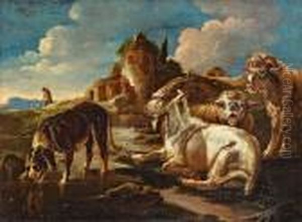 Trinkender Hirtenhund, Ziegenbock Und Schafe Vor Einemcampagna-haus - view 1