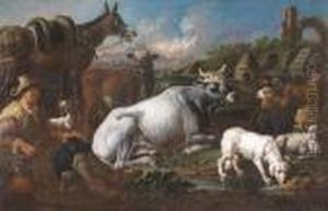 Cattle And Sheep In A Landscape With A Shepherd, His Dog And Mule