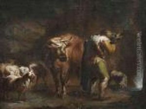 Herdsman With Herd At A Small Cascade