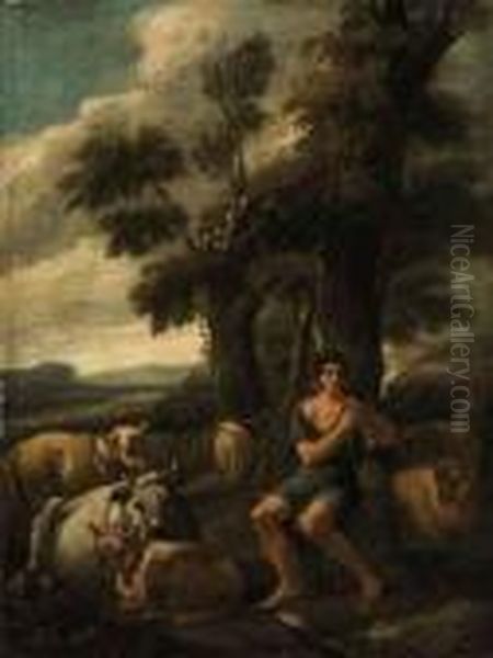 A Drover Playing On His Pipe With His Herd In A Landscape - view 1