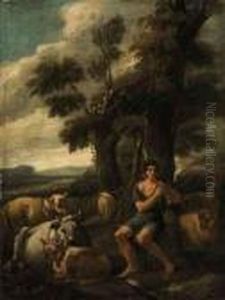 A Drover Playing On His Pipe With His Herd In A Landscape by Philipp Peter Roos
