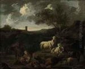 An Italianate Landscape With Shepherds And Goats Resting On Apath by Philipp Peter Roos
