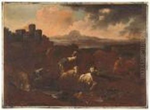 Campagna Romana Con Borgo Medievale, Pastore E Gregge by Philipp Peter Roos