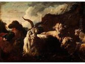 Hirte Mit Ziegenbock, Ziegen Und Schafenin Felsiger Landschaft by Philipp Peter Roos