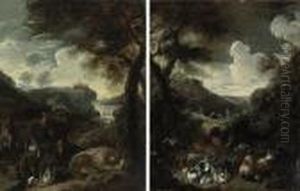 A Wooded River Landscape With A Dog, Two Cockerels And Dead Game, Awaterfall Beyond by Philipp Peter Roos